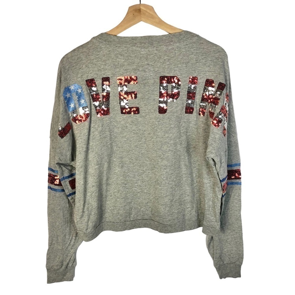 PINK Victoria's Secret Gray USA‎ Sequin Long Sleeve T-Shirt XS